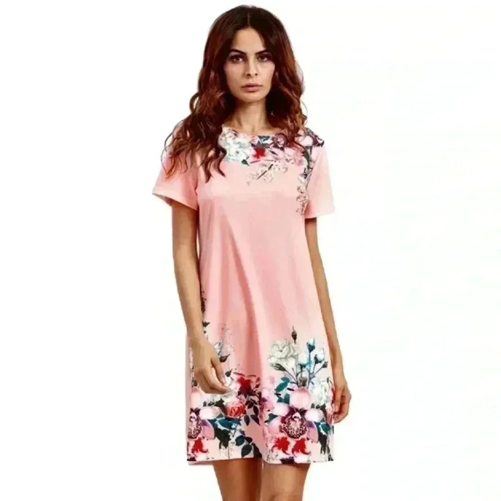 "Flora" Pink Round Neck Floral Print Vintage Dress